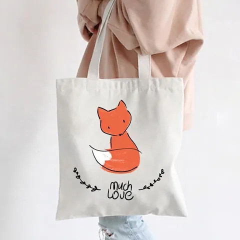Fox Print Canvas Tote Bag Large Capacity Reusable Grocery Shopper Handbag With Hand Drawn Animal Illustration For Women