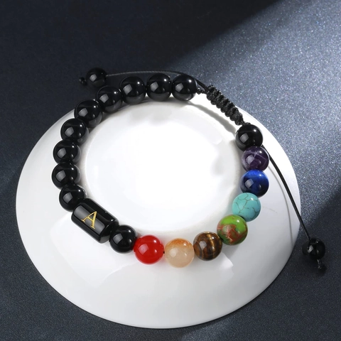 7 Chakra Naturstein Armband Schwarze Obsidian Perlen Anfangsbuchstabe Verstellbares Geflochtenes Seil Heilung Schmuck
