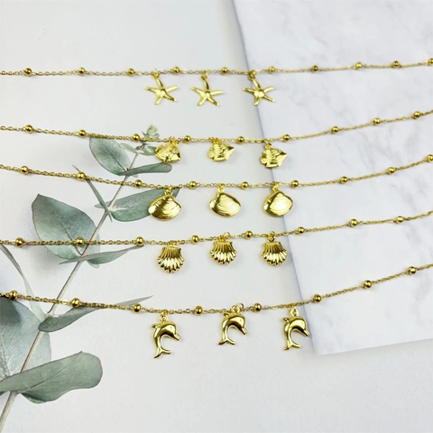 Verguld Roestvrij Staal Mariene Hanger Halsketting Voor Vrouwen Zeester Dolfijn Schelp Vis Bedel Bolletjesketting Zomer Strand Sieraden
