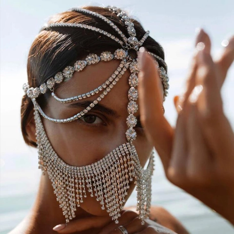 Sparkling Rhinestone Full Face Mask Long Tassel Fringed Jewelry Masquerade Halloween Exotic Party Accessories For Women