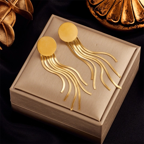 Round Stud Tassel Drop Earrings 18K Gold Plated Titanium Steel Snake Chain Fringe Trendy Fashion For Women