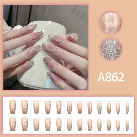 Marmor Muster Press On Nägel Lang Sarg Künstliche Nägel Silber Glitzer Farbverlauf Nude Finger Nägel Für Frauen