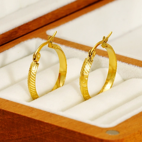 Hoop Earrings 18K Gold Plated Stainless Steel Greek Key Pattern Engraved Retro Geometric Minimalist For Women Men
