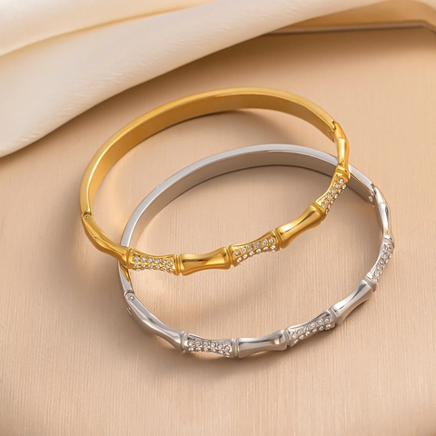 Bracciale A Vite Bambù Acciaio Inossidabile Micro Pavé Zircone Elegante Placcato Oro Gioielli Di Moda Per Donne