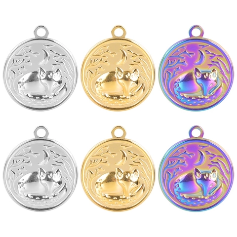 Stainless Steel Fox Moon Embossed Round Pendant Necklace For Women Men Hip Hop Animal Forest Jewelry Gold Silver Rainbow Electroplated Jewelry