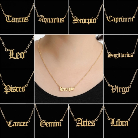 Zodiac Sign Necklace Stainless Steel Old English Gothic Letter Pendant Vintage Constellation Jewelry Gift For Women