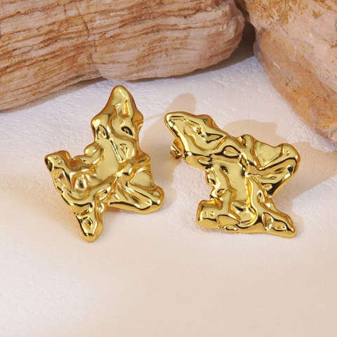 Stainless Steel Hammered Irregular Stud Earrings For Women Gold Molten Lava Texture Liquid Metal Geometric Earrings Jewelry