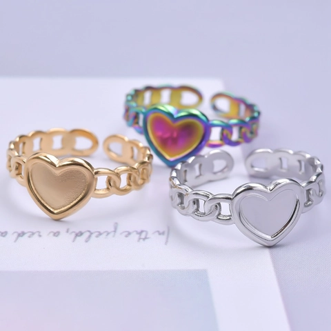 Heart Chain Rings Stainless Steel Adjustable Open Band Minimalist Jewelry For Women