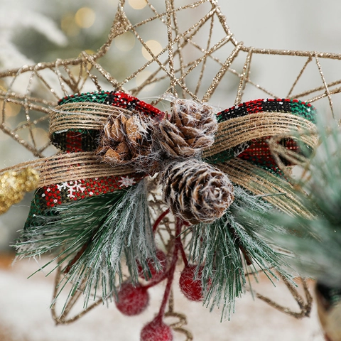 Puntale Per Albero Di Natale Stella Ferro Cavo Glitter Ornamento Stella A Cinque Punte Con Pigne Bacche E Fiocco