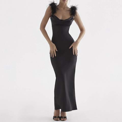 Cowl Neck Slip Maxi Jurk Veer Bandjes Satijn Rugloos Hoge Taille Slim Fit Avondfeest Voor Dames