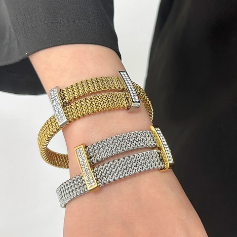 Bracciale Rigido alla Moda in Acciaio Inossidabile a Rete per Donna con Intarsio di Zirconia Placcato Oro Argento