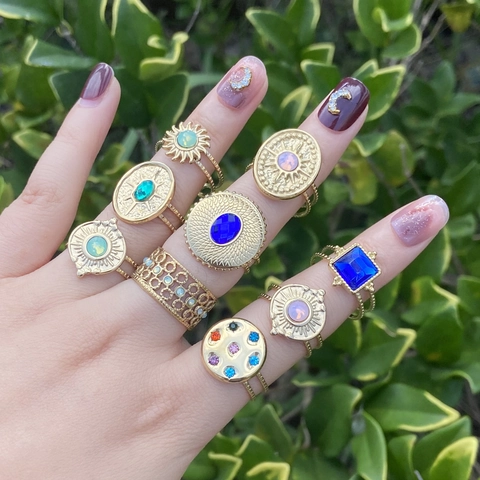 Anelli In Acciaio Inossidabile Da Donna Vintage Boho Design Aperto Regolabile Zircone Colorato Motivo Sole Gioielli