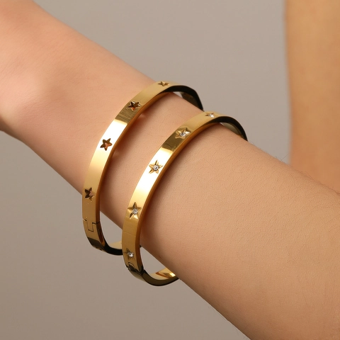 Fashion Star Bangle Stainless Steel Hollow Design Gold Plated Zircon Inlay Hinge Clasp Bracelet For Women