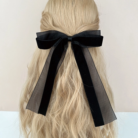Molletta Per Capelli Con Fiocco In Velluto Francese Vintage Nastro Lungo Organza Mesh Elegante Retro Fermaglio Donna
