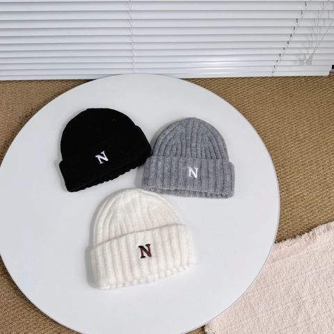 Gorro De Punto Para Niños Mezcla De Lana Bordado Letra N Con Dobladillo Invierno Cálido Grueso Gorra Para Niños Niñas