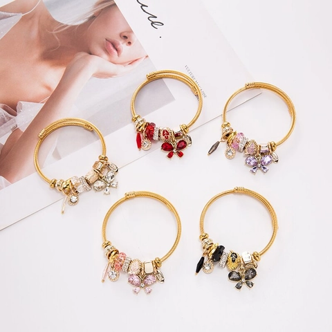 Gouden Roestvrijstalen Kabel Armband Vlinder Kristal Hanger Verstelbare Open Bangle Mode Sieraden Vrouwen