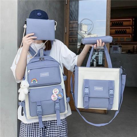 Student Backpack Tote Crossbody Bag And Pencil Case Oxford Cloth Multi Pocket College Travel Patchwork Cute Bear Keychain