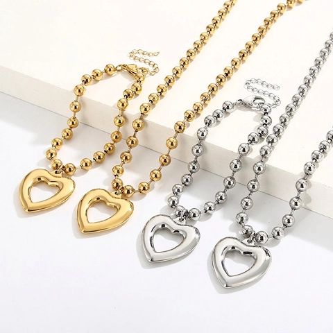 Collar Y Pulsera Con Colgante De Corazón De Acero Inoxidable Corazón Hueco Diamantes De Imitación Joyería Moda Mujer