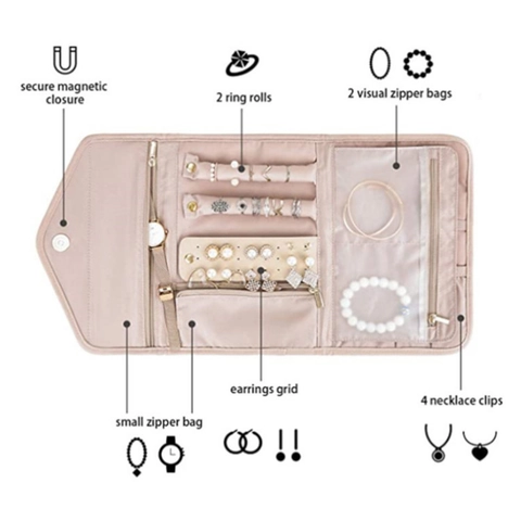 Travel Jewelry Organizer Bag Quilted Polyester Foldable Portable Storage For Rings Earrings Necklaces Magnetic Closure Soft