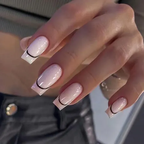 Unghie Finte Francesi Linee Nere Minimaliste Rosa Nude Lunghe Bara Unghie Artificiali Per Donne Manicure