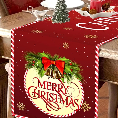Kerst Tafelloper Polyester Rood Goud Sneeuwvlok Merry Christmas Boog Bel Print Feestelijke Party Diner Decoratie