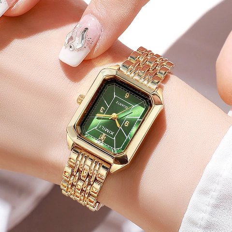 Montre à Quartz de Luxe pour Femme Boîtier Rectangulaire en Alliage Bracelet Chaîne Montre-bracelet Élégante Cadeau pour Dame