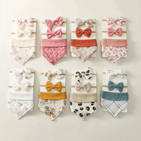 Muslin Cotton Baby Bib And Bow Headbands Soft Absorbent Triangle Saliva Towel Floral Print Hair Accessories For Infants