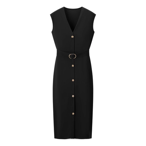 Vestido Midi De Punto Elegante Sin Mangas Con Cuello En V Y Cinturón Color Sólido Abotonado Ajustado Oficina Verano Mujer