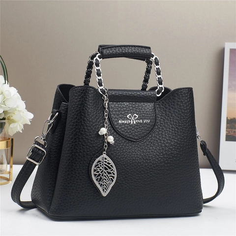 Elegante Borsa A Mano In Pelle PU Con Grana Litchi Manico A Catena Pendente Foglia E Perla Artificial Borsa A Tracolla Versatile Quotidiana