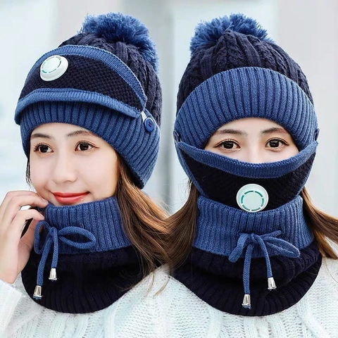 Women Winter Warm 3-Piece Knitted Hat Scarf Mask Set Acrylic Pom-pom Breathing Valve Contrast Color Outdoor Beanie Set