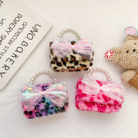 Borsa A Tracolla In Peluche Per Bambini Con Stampa Leopardata Manico In Perla Artificial Fiocco Grande In Rete Borsa Alla Moda