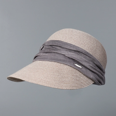 Women Straw Newsboy Sun Hat With Wrinkled Fabric Trim Wide Brim Adjustable Breathable Retro Fashion Visor