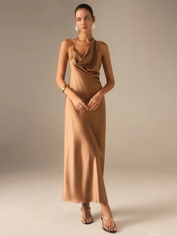 Vestido Largo De Satén Con Cuello Halter Espalda Descubierta Color Sólido Sexy Elegante Sin Mangas Para Mujer