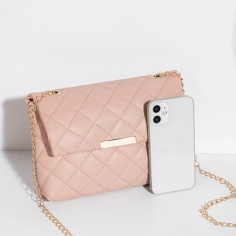 Korean Fashion Quilted Crossbody Bag For Women PU Leather Small Square Flap Bag With Gold Chain And Metal Bar Decoration