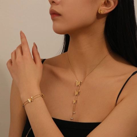 Butterfly Necklace Bracelet Stud Earrings 18K Gold Plated Stainless Steel Frosted Rhinestone Trendy Jewelry Women
