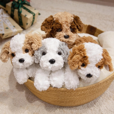 Puppy Knuffel Realistische Hondenpop Zacht Lang Krullend Bont PP Katoen Gevuld Liggende Positie Knuffeldier Huisdecoratie Kinderen Cadeau