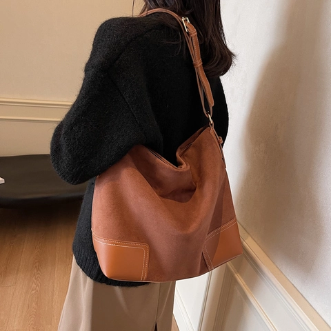 Grand Sac À Épaule Vintage Daim PU Cuir Patchwork Minimaliste Rétro Sac À Main De Navette Pour Femmes