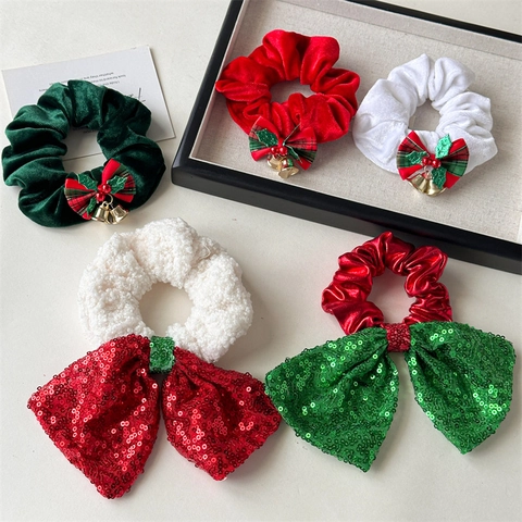 Christmas Hair Scrunchies Velvet Sequin Elastic Hair Ties Gingham Bow Metal Bells Berries Holiday Party Festive Accessories
