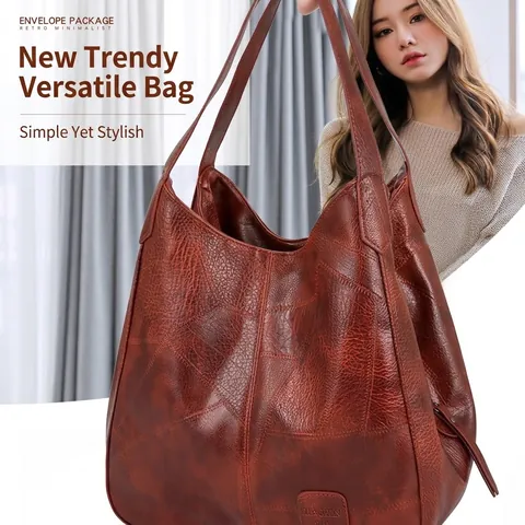 Bolso de Hombro de Cuero PU Vintage de Gran Capacidad Patchwork Hobo Tote para Mujer Bolso de Moda Urbano Minimalista