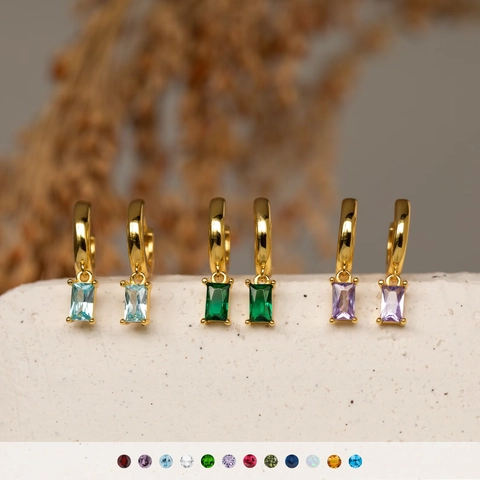Vintage Geometric Copper Hoop Earrings Gold Plated Rectangular Zircon Birthstone Dangle Ear Jewelry For Women
