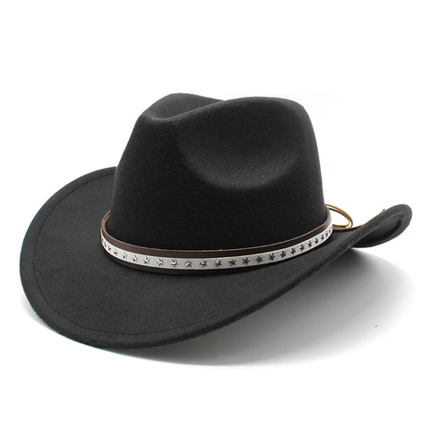 Western Cowboy Hat Woolen Felt Wide Brim Fedora With Star Rivets Belt Vintage Jazz Cap For Women Men
