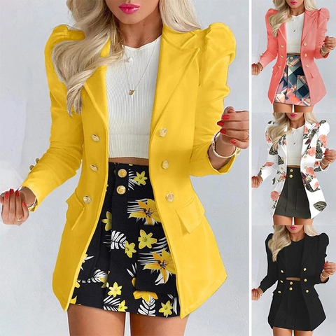 Ensemble de Costume Élégant pour Femmes Top Et Bottom Automne Hiver Manches Longues Blazer Croisé Et Mini-jupe Tenue de Bureau Mode