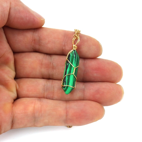 Natural Stone Crystal Hexagonal Column Pendant Necklace Gold Wire Wrapped Handmade Gemstone Jewelry For Women Men
