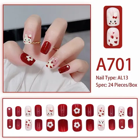 Press On Nagels Wijnrood Hart Konijn Bloemenpatroon Afneembaar Zoete Stijl Hars Kunstnagels Voor Vrouwen