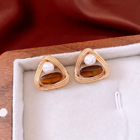 Pendientes De Botón Triangulares Vintage Con Poste De Plata De Ley 925 Piedra Ojo De Tigre Y Perla Artificial Estilo Francés Mujer
