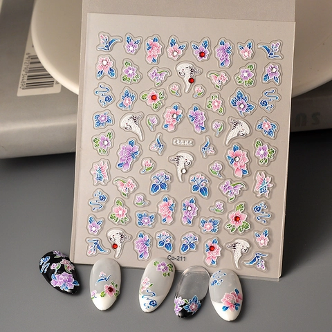 5D Embossed Nail Art Stickers Floral Crane Patterns Waterproof Self Adhesive DIY Manicure Decoration For Women