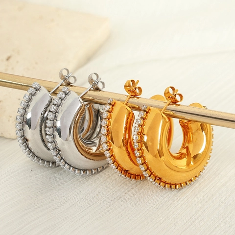 Boucles d'Oreilles Anneau en C en Acier Titane pour Femmes Bijoux en Acier Inoxydable Plaqué Or Argent Strass Émail Rétro
