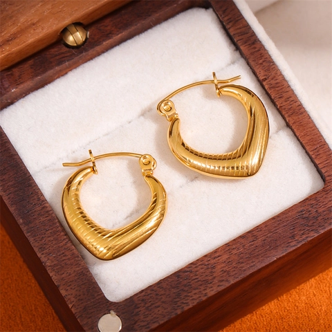 Heart Hoop Earrings Stainless Steel 18K Gold Plated Ribbed Textured Minimalist Ins Style Fashion Jewelry For Women