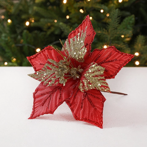 Glitzer Weihnachten Poinsettia Künstliche Blumen Funkelnde Pailletten Stoff Baumschmuck Für Feiertage Haus Party Deko