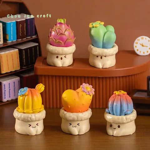 Mini Cactus Succulent Figurines Resin Cute Cartoon Expressions Gradient Colors Micro Landscape Desktop Home Office Decor